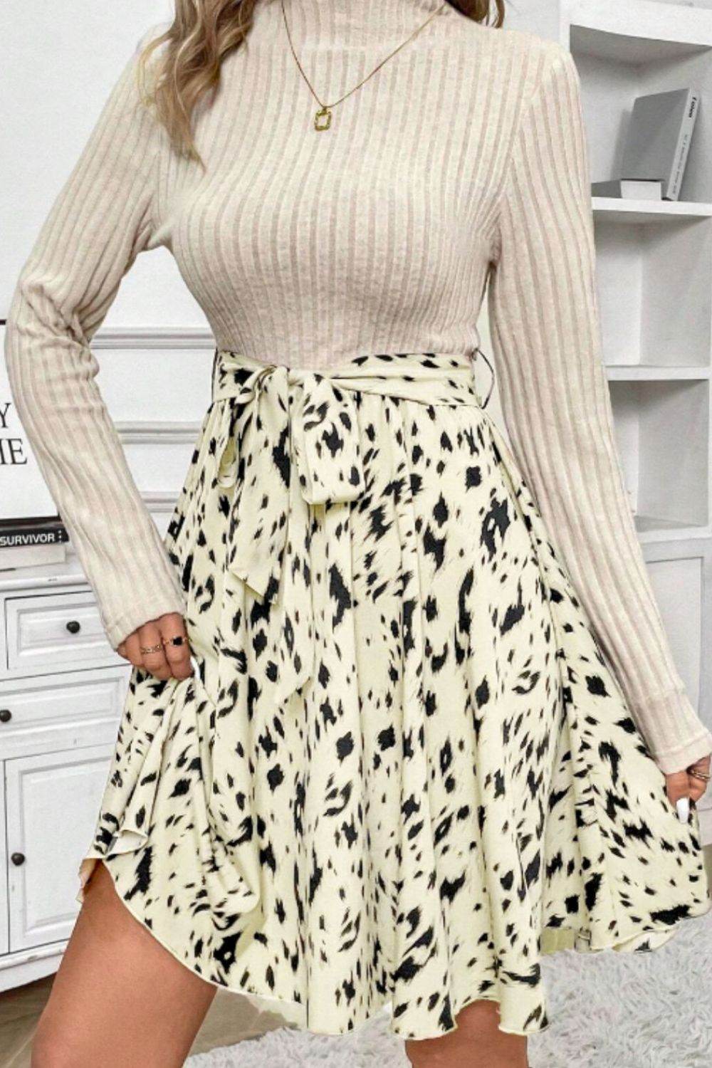 Printed Tie Waist Mock Neck Long Sleeve Dress - Delanoir