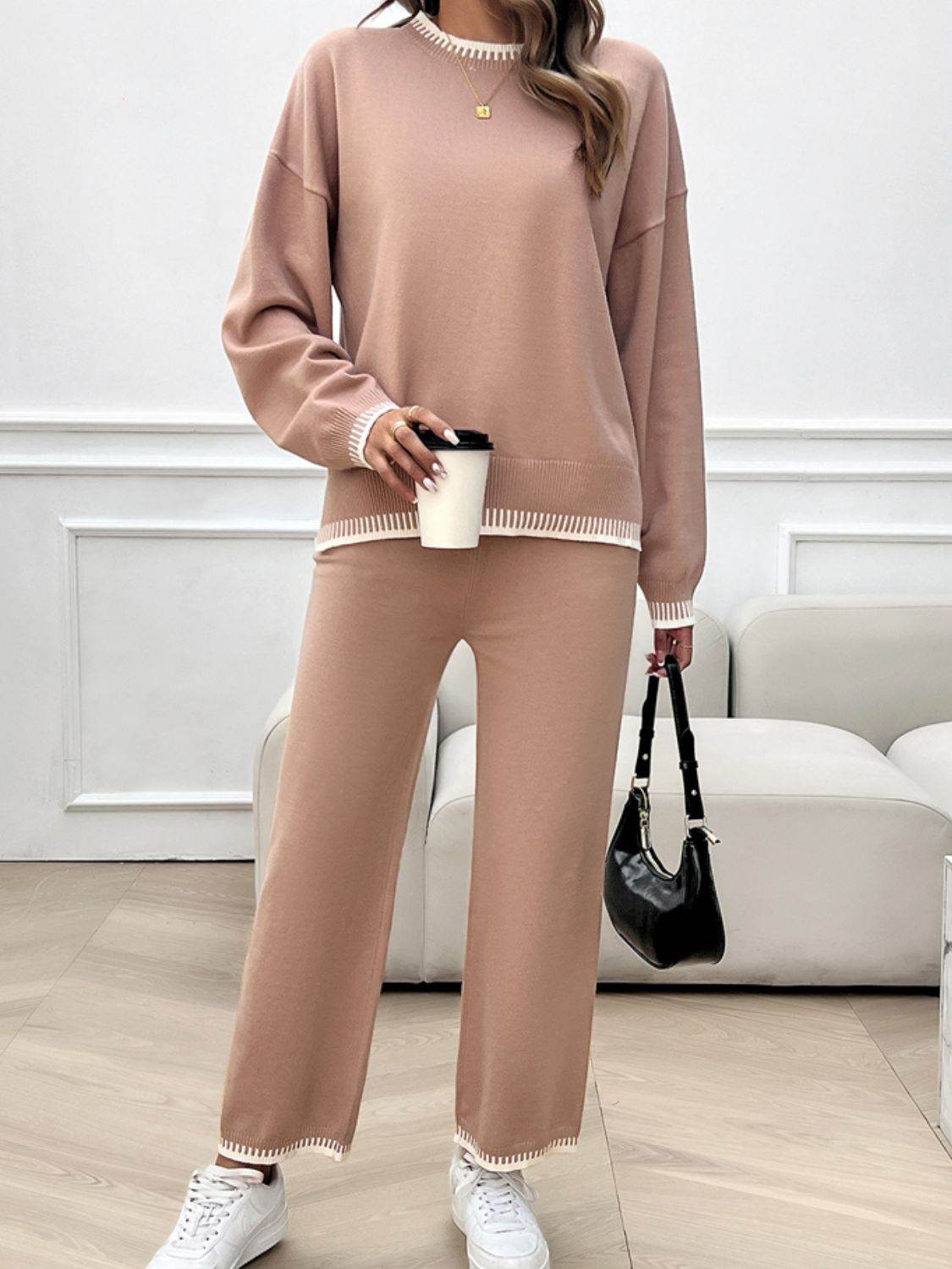 Devine Round Neck Dropped Shoulder Top and Pants Sweater Set - Delanoir