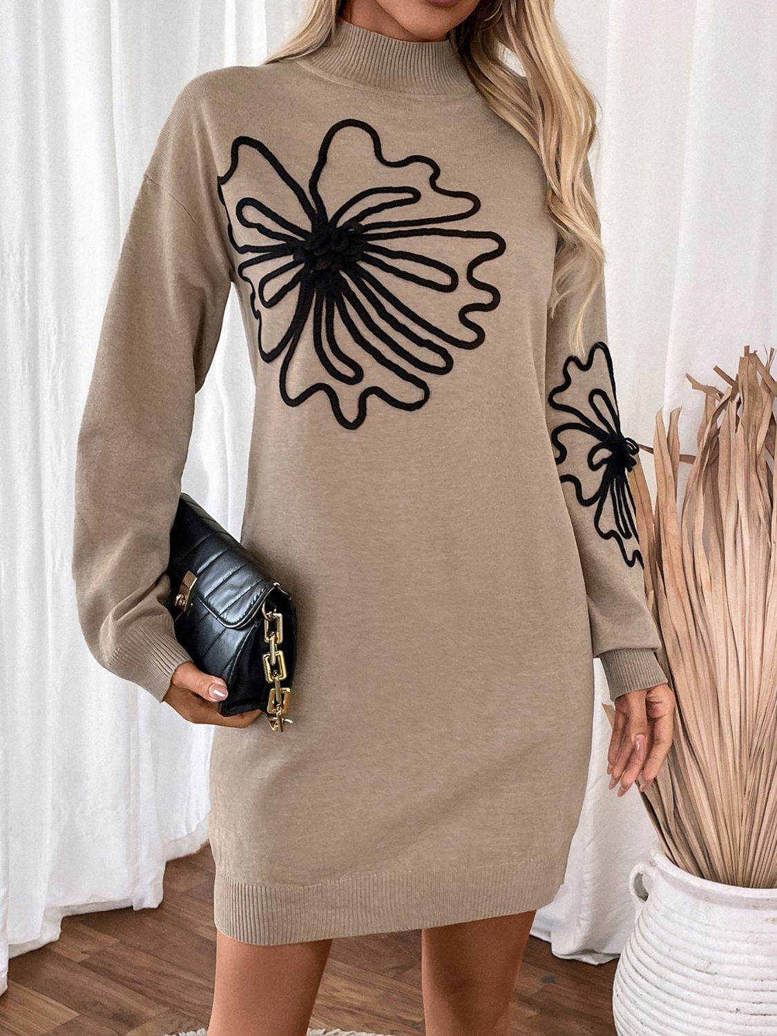Perfee Flower Mock Neck Long Sleeve Sweater Dress - Delanoir