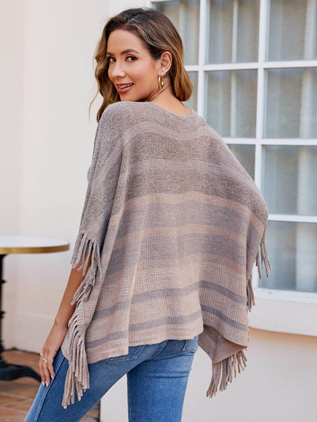 Striped Boat Neck Poncho with Fringes - Delanoir