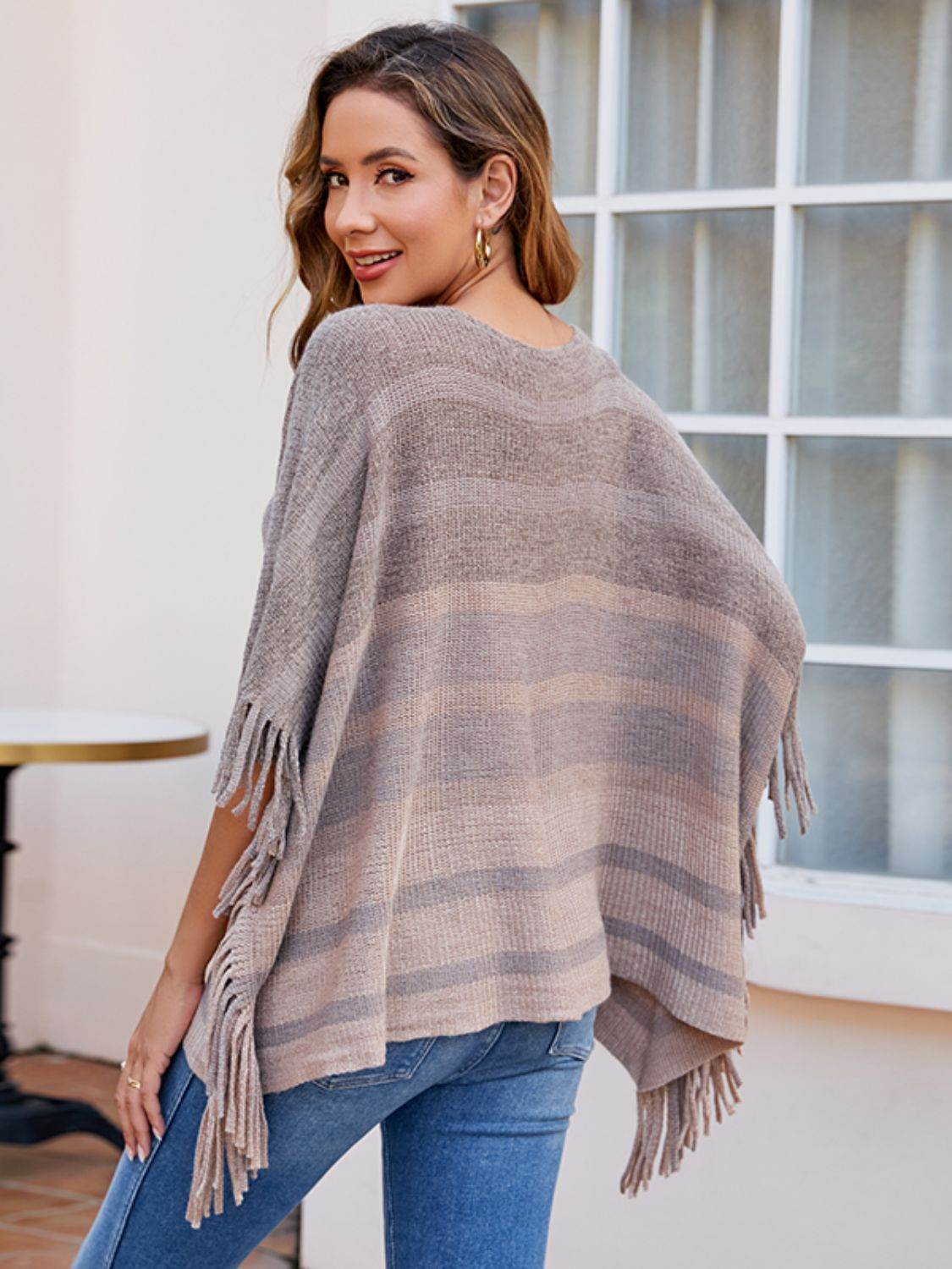 Striped Boat Neck Poncho with Fringes - Delanoir
