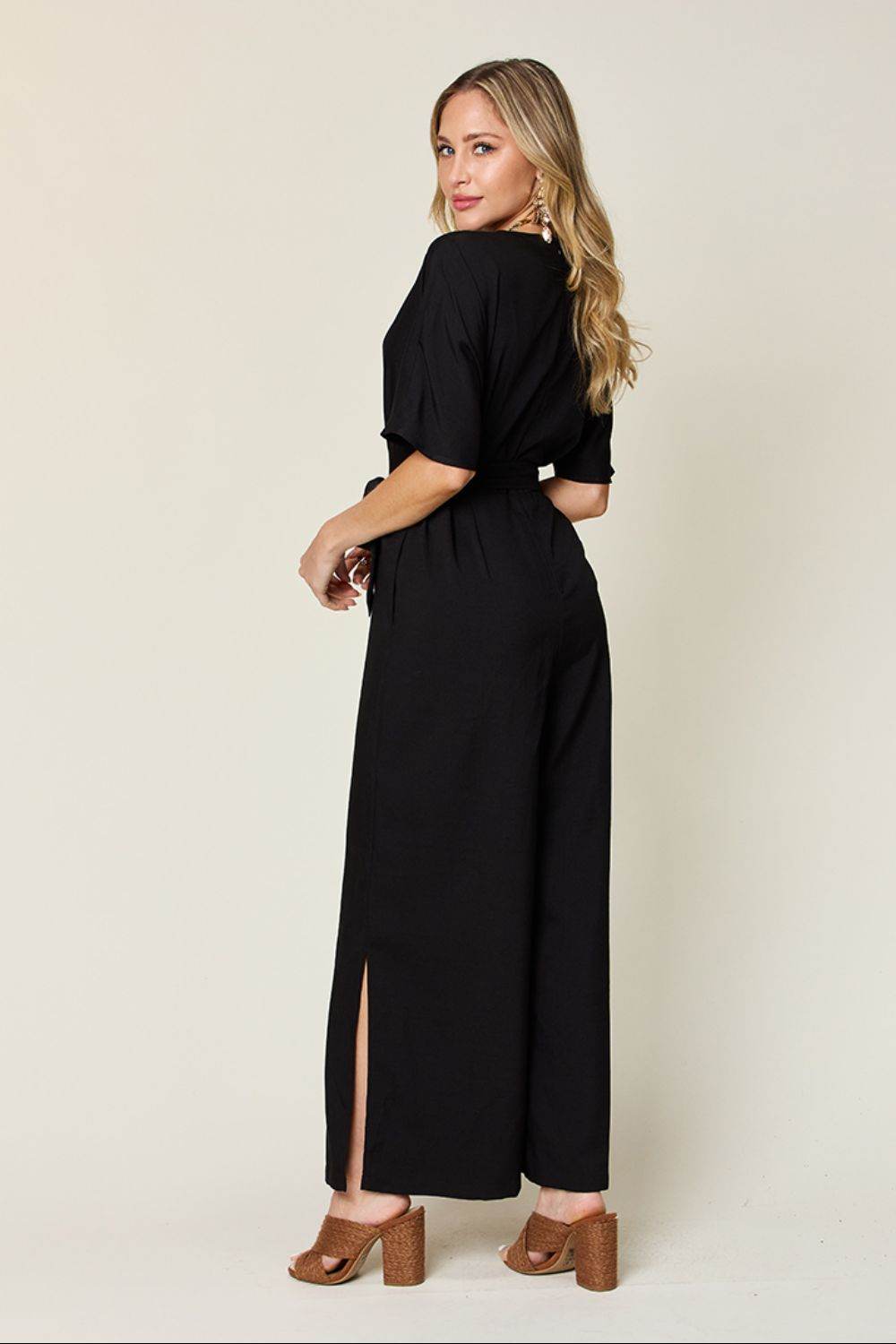 Double Take Full Size V-Neck Tied Side Slit Jumpsuit - Delanoir
