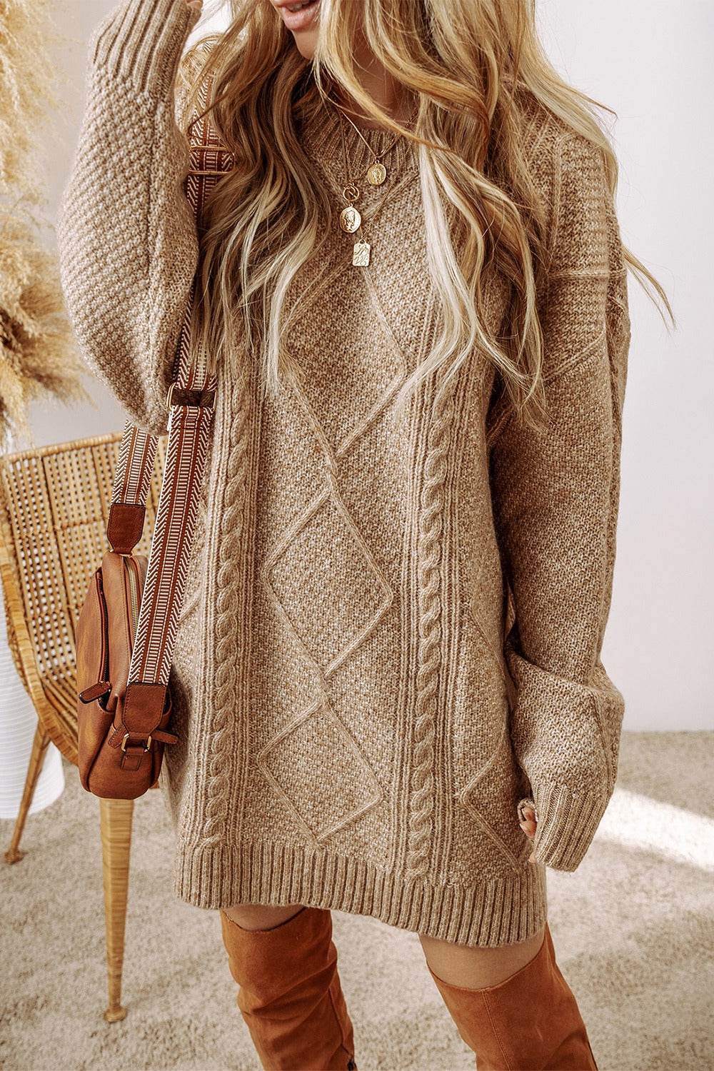 Cable-Knit Round Neck Sweater Dress - Delanoir