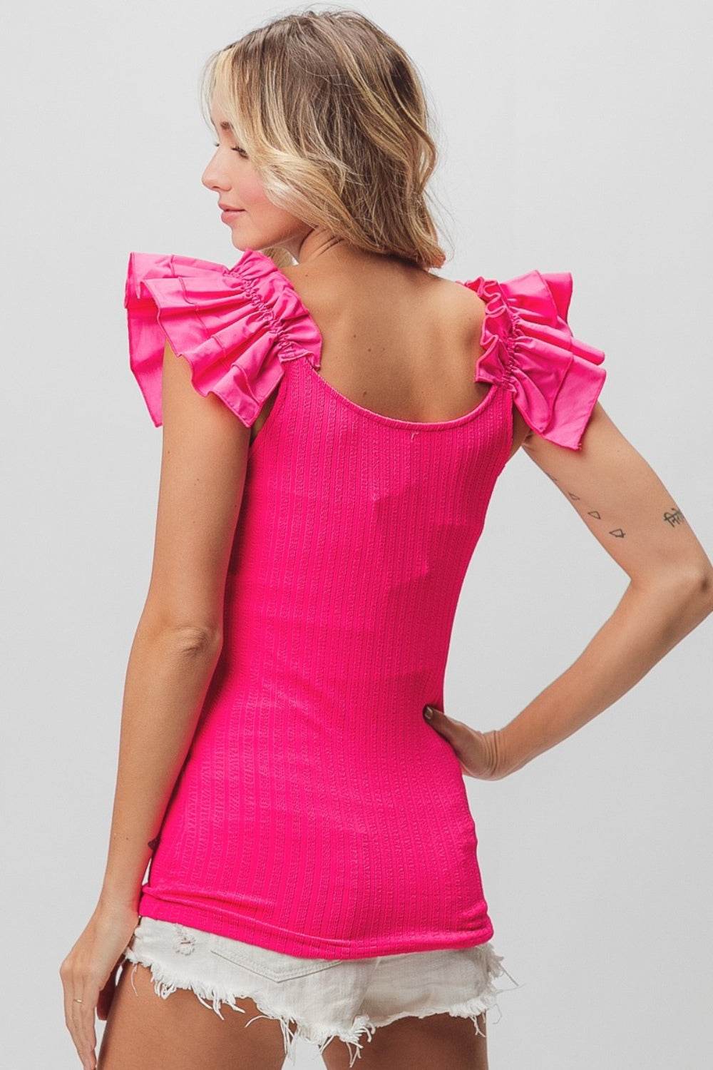 BiBi Ruffled Shoulder Strap Rib Texture Top - Delanoir