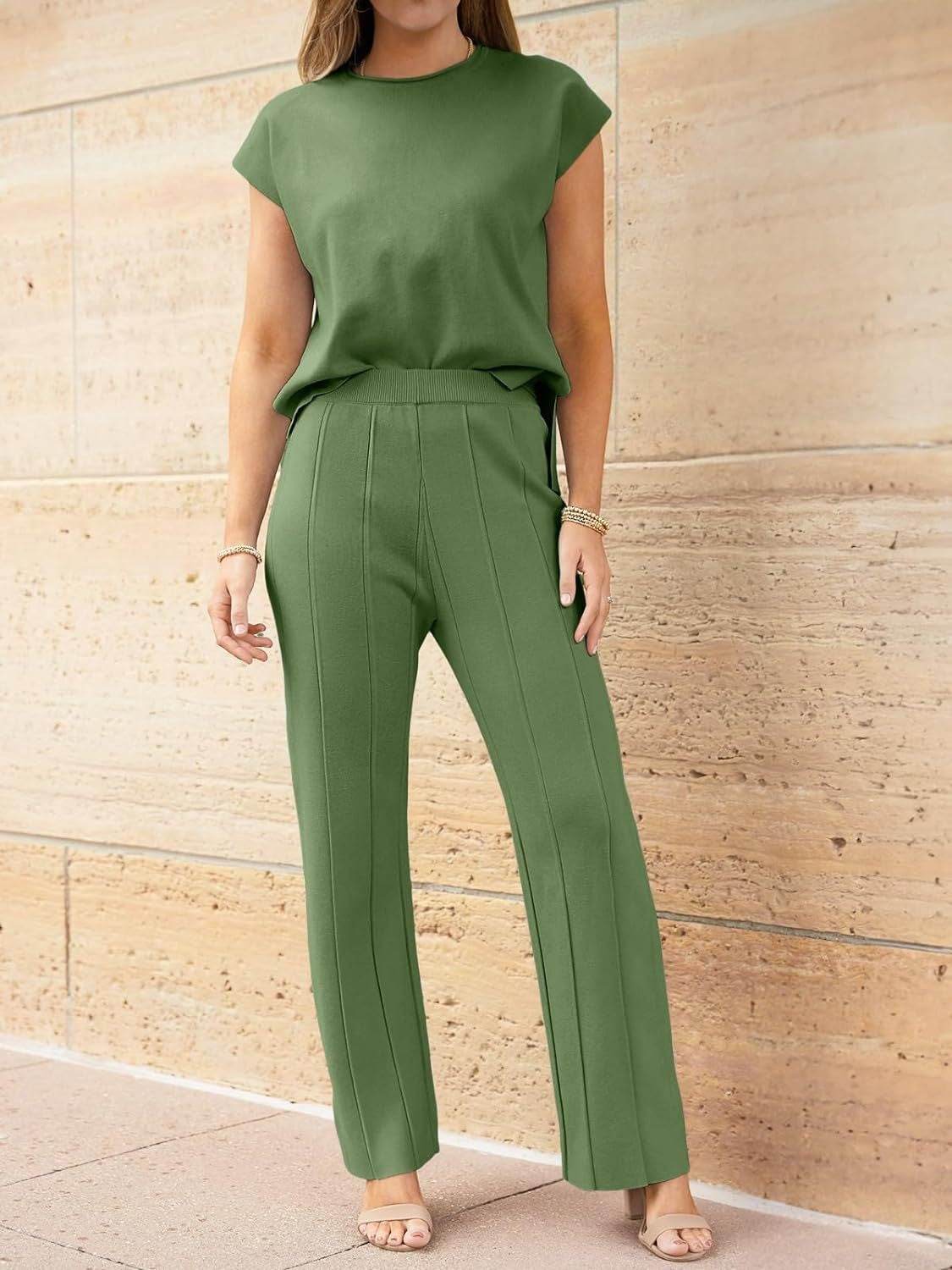 Round Neck Cap Sleeve Top and Pants Knit Set - Delanoir