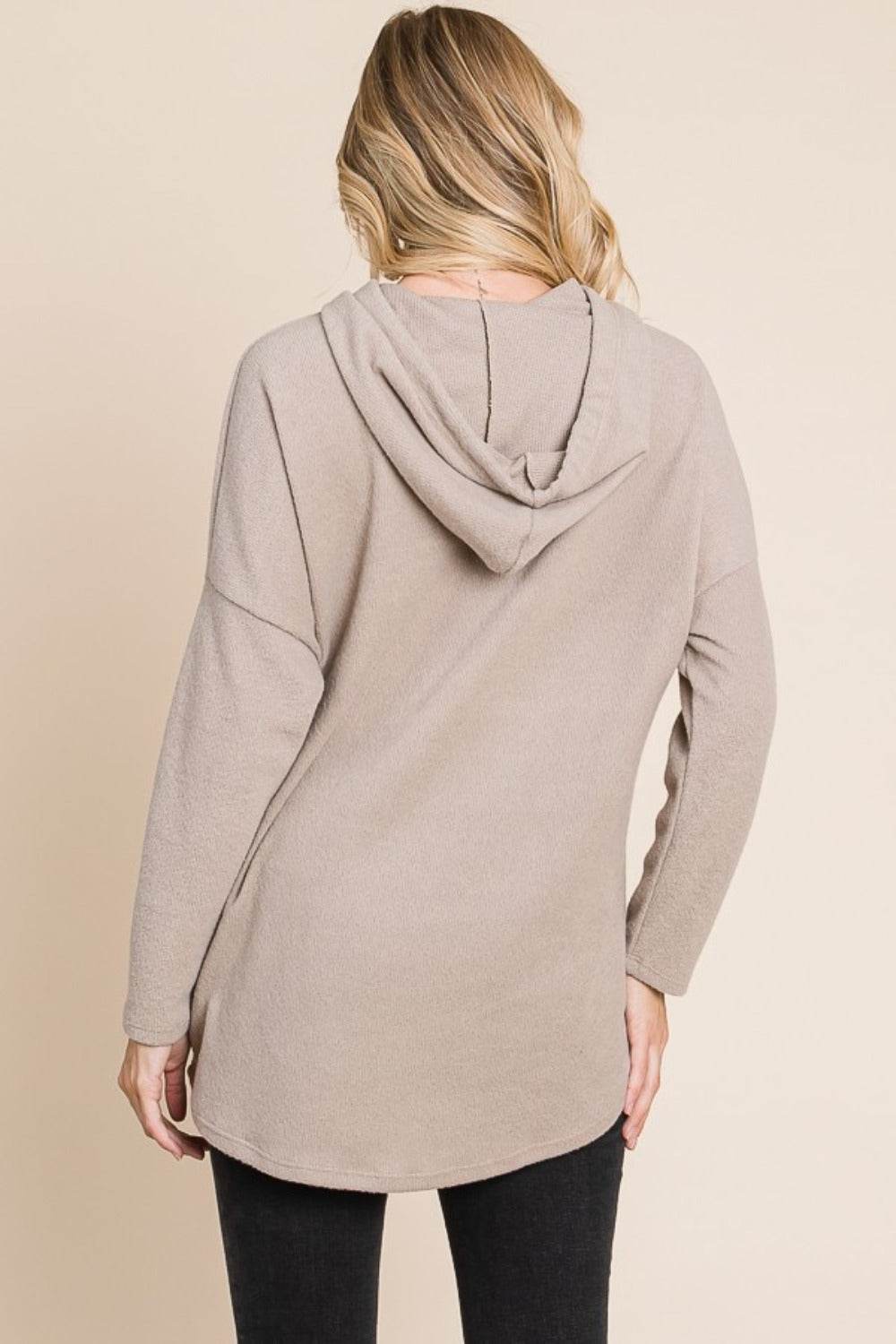 BOMBOM Contrast Drawstring Drop Shoulder Knit Hoodie - Delanoir