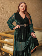 Plus Size Lace Patchwork V-Neck Balloon Sleeve Midi Dress - Delanoir