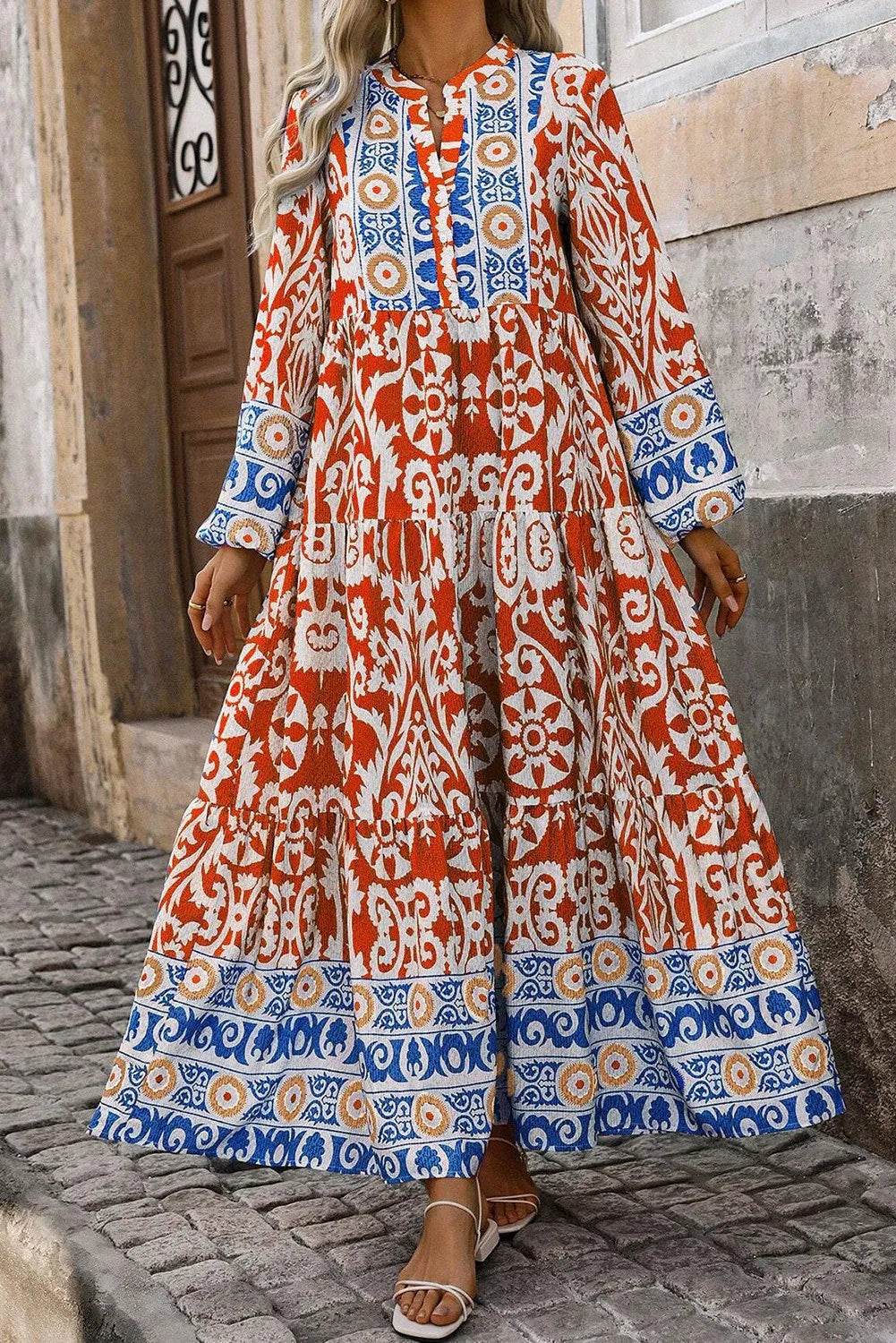 Printed Notched Long Sleeve Maxi Dress - Delanoir