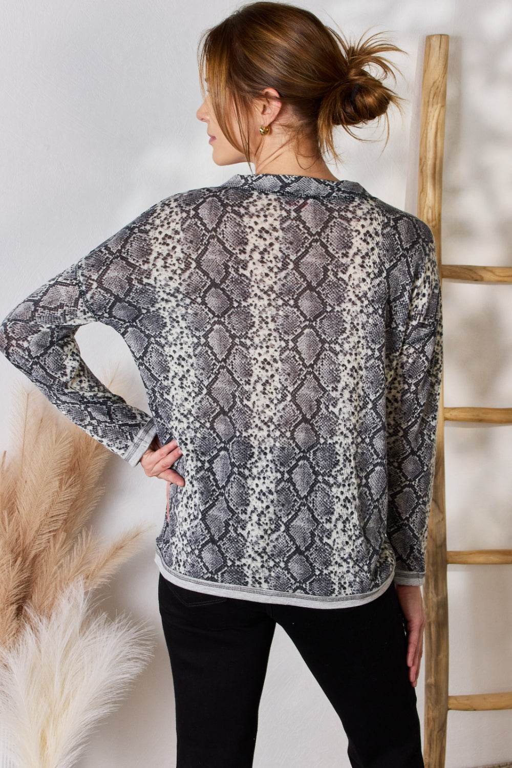 Hailey & Co Full Size Snakeskin V-Neck Long Sleeve Top - Delanoir