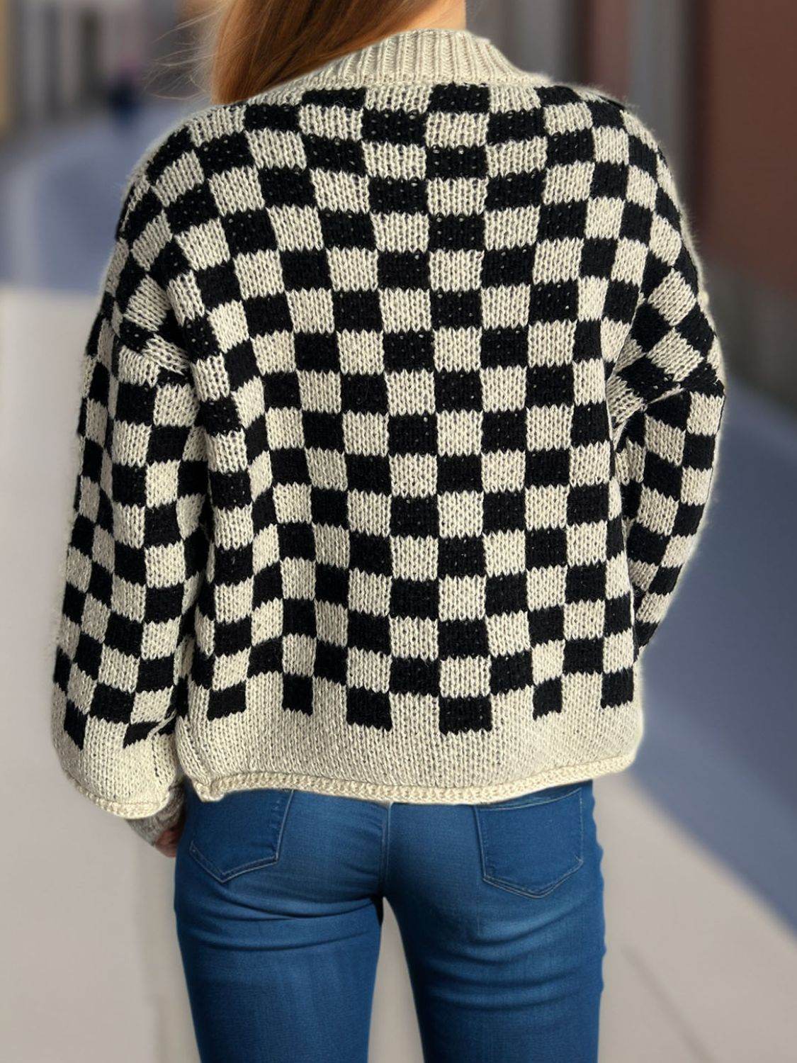Checkered Button Up Round Neck Cardigan - Delanoir