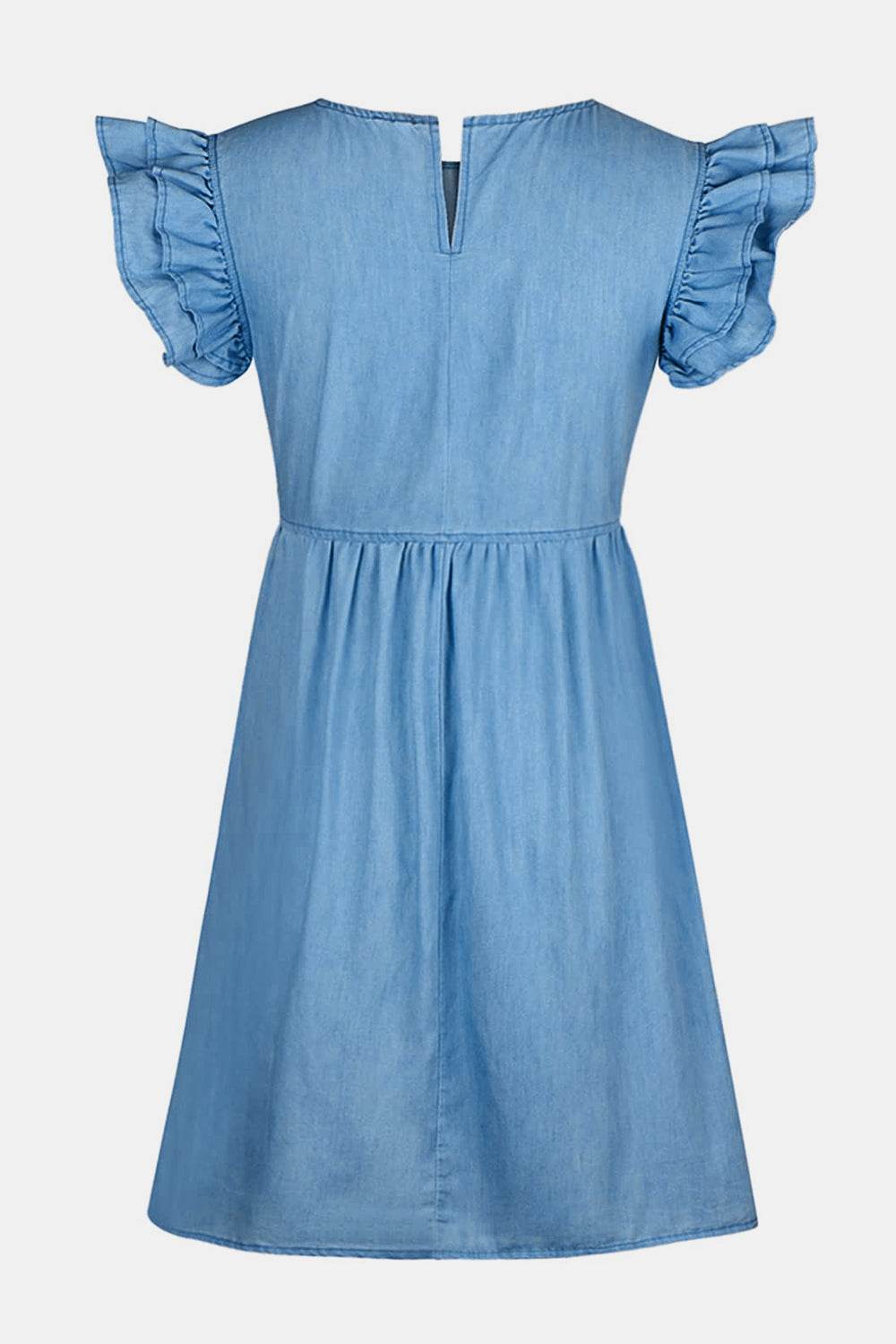 Full Size Ruffled Round Neck Cap Sleeve Denim Dress - Delanoir