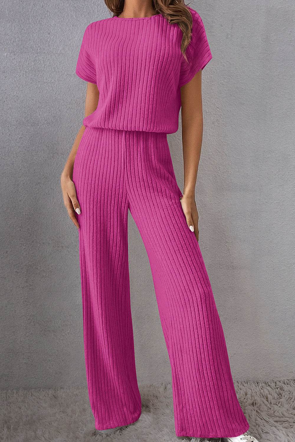 Round Neck Short Sleeve Jumpsuit - Delanoir