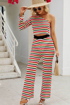 Striped Single Shoulder Top and Pants Knit Set - Delanoir