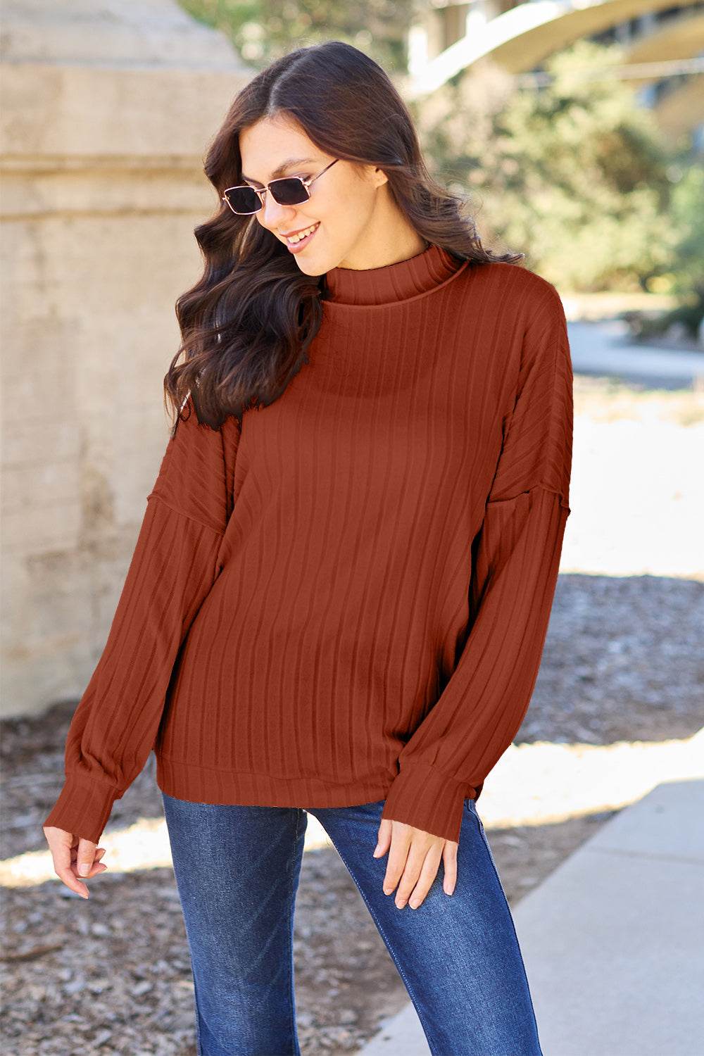 Basic Bae Full Size Ribbed Exposed Seam Mock Neck Knit Top - Delanoir