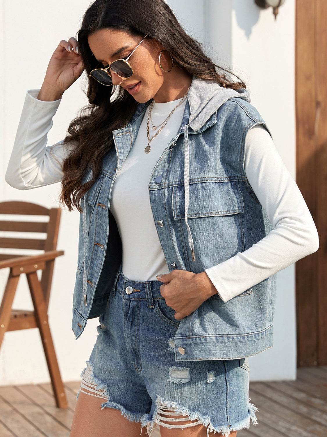 Drawstring Button Up Sleeveless Denim Jacket - Delanoir