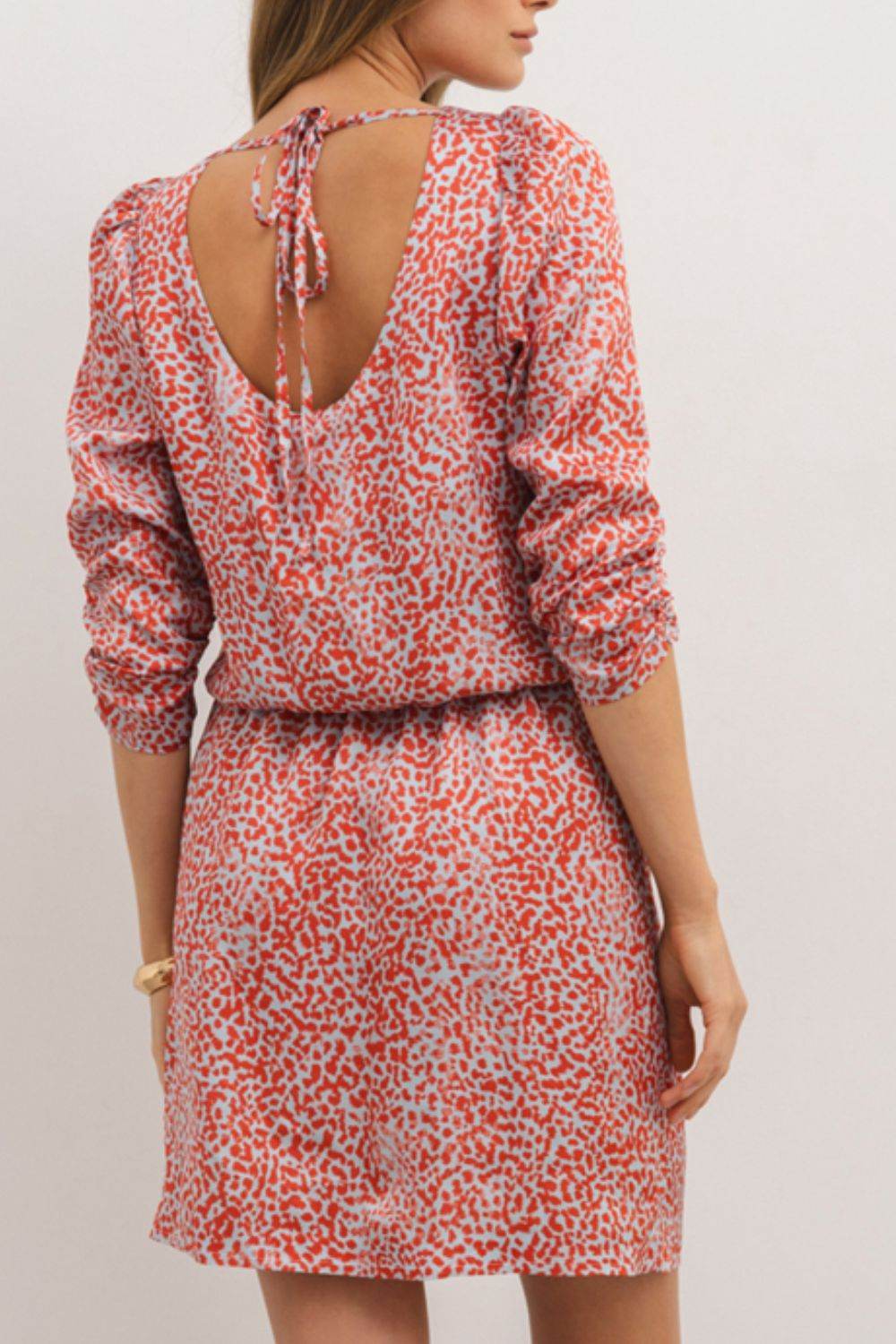 Slit Tied Printed Round Neck Mini Dress - Delanoir
