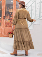 Plus Size Frill Tie Neck Long Sleeve Dress - Delanoir