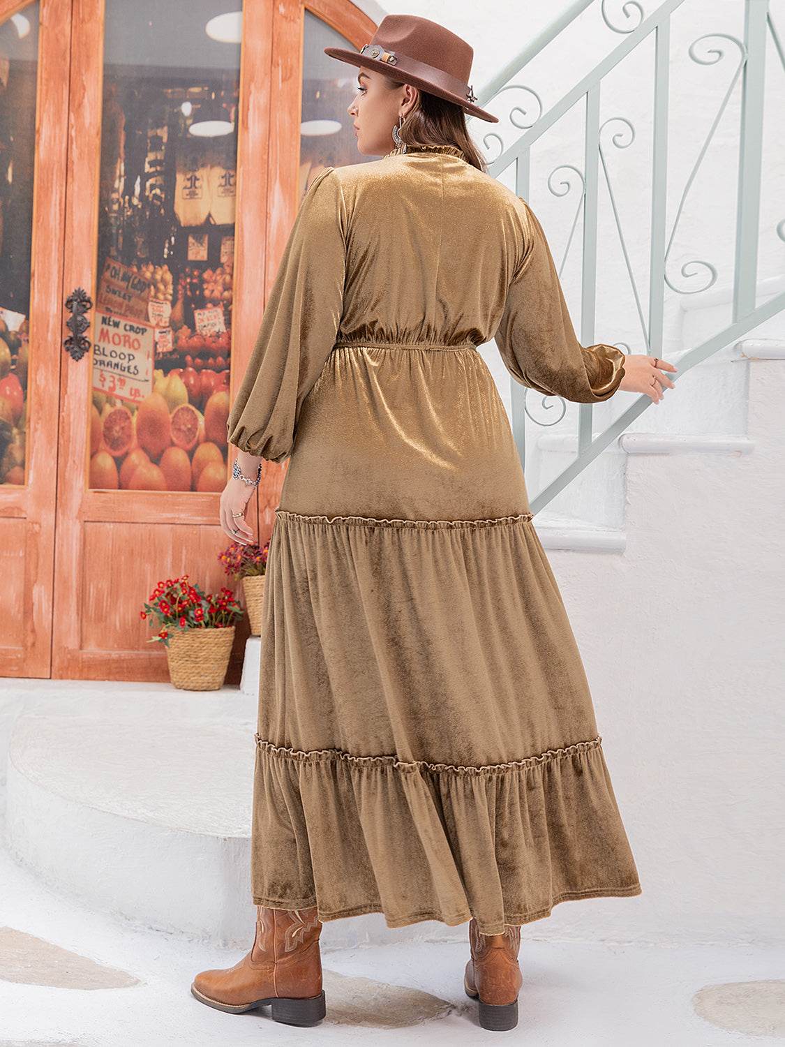 Plus Size Frill Tie Neck Long Sleeve Dress - Delanoir