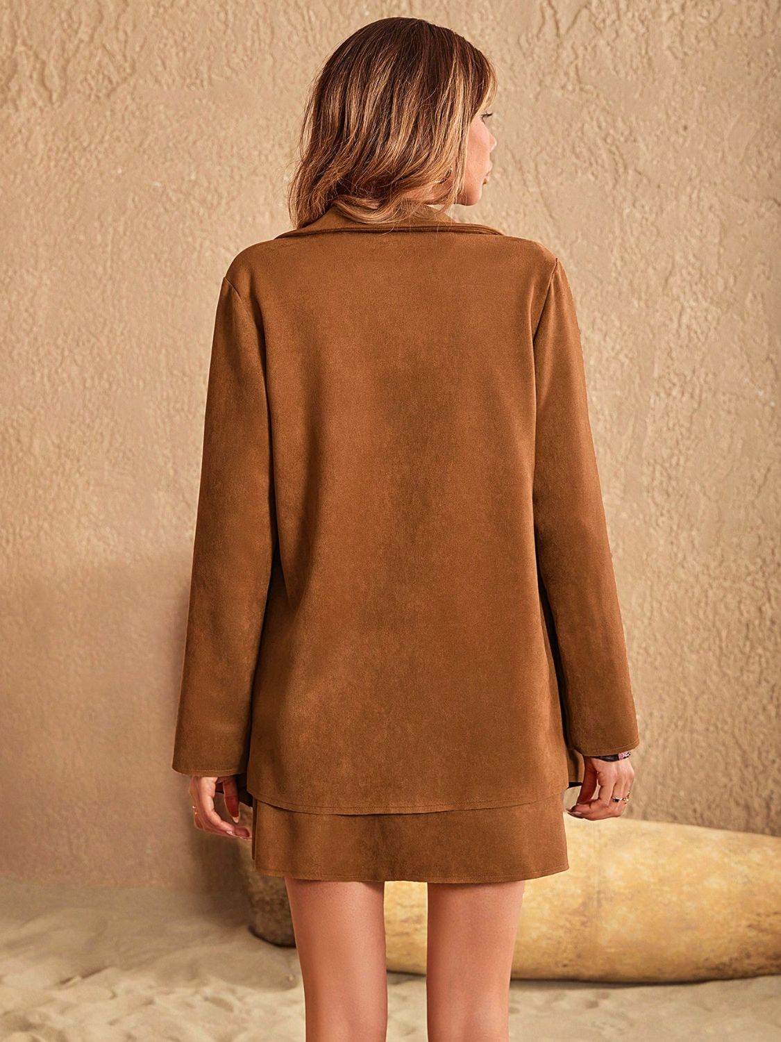 Button Up Collared Neck Jacket and Skirt Set - Delanoir