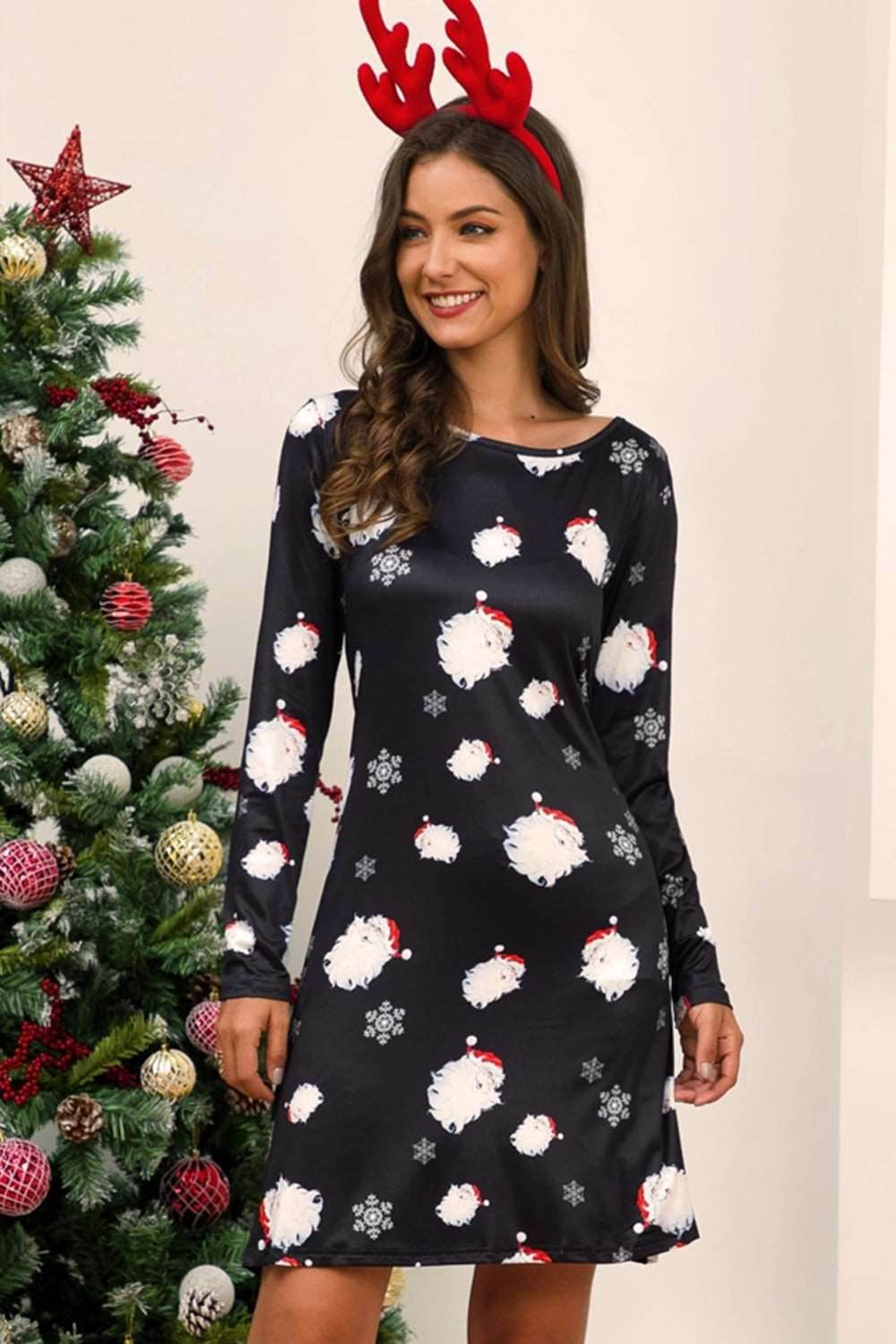 Full Size Christmas Long Sleeve Dress - Delanoir