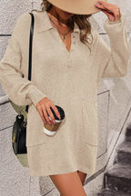 Collared Neck Long Sleeve Sweater Dress with Pockets - Delanoir