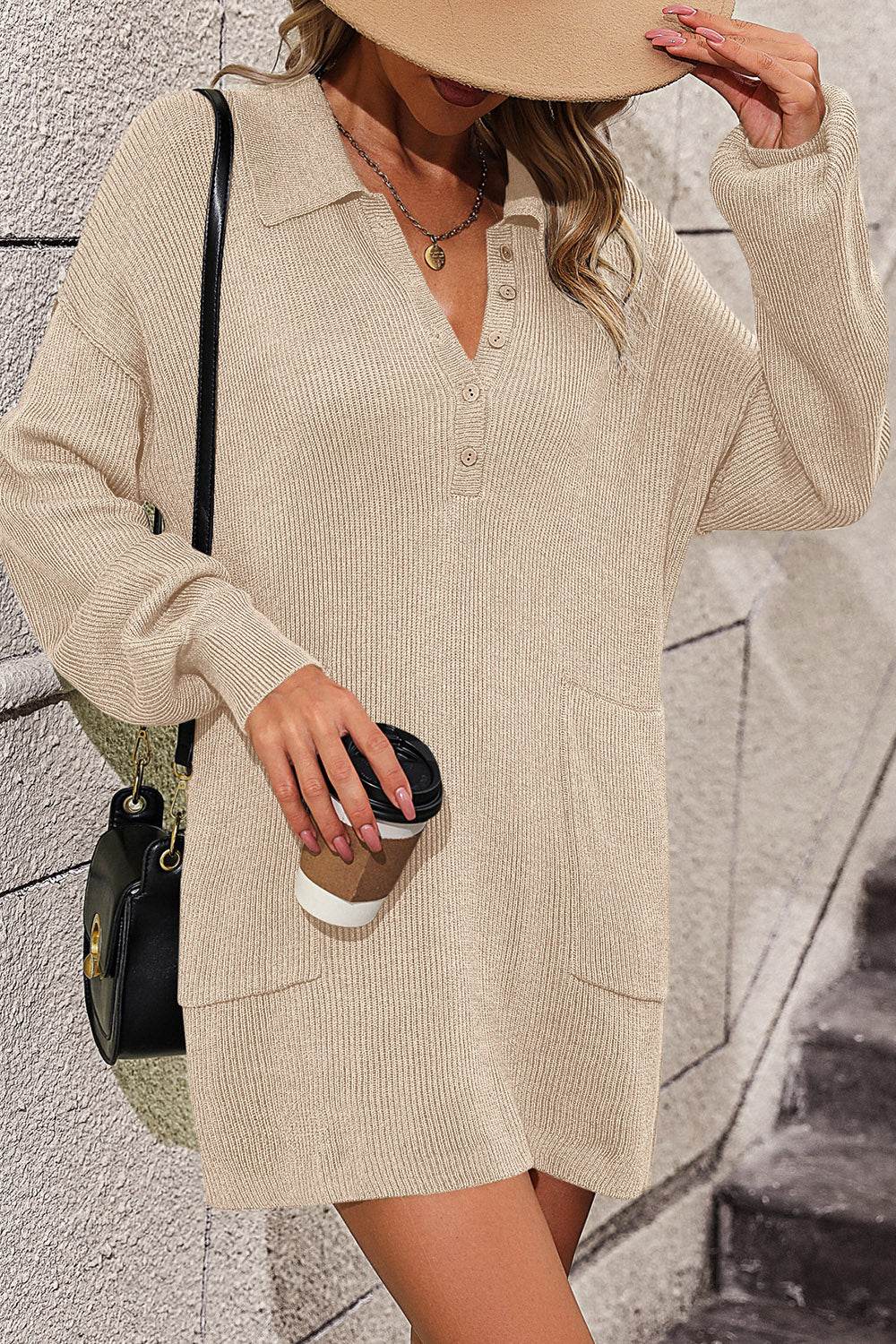 Collared Neck Long Sleeve Sweater Dress with Pockets - Delanoir