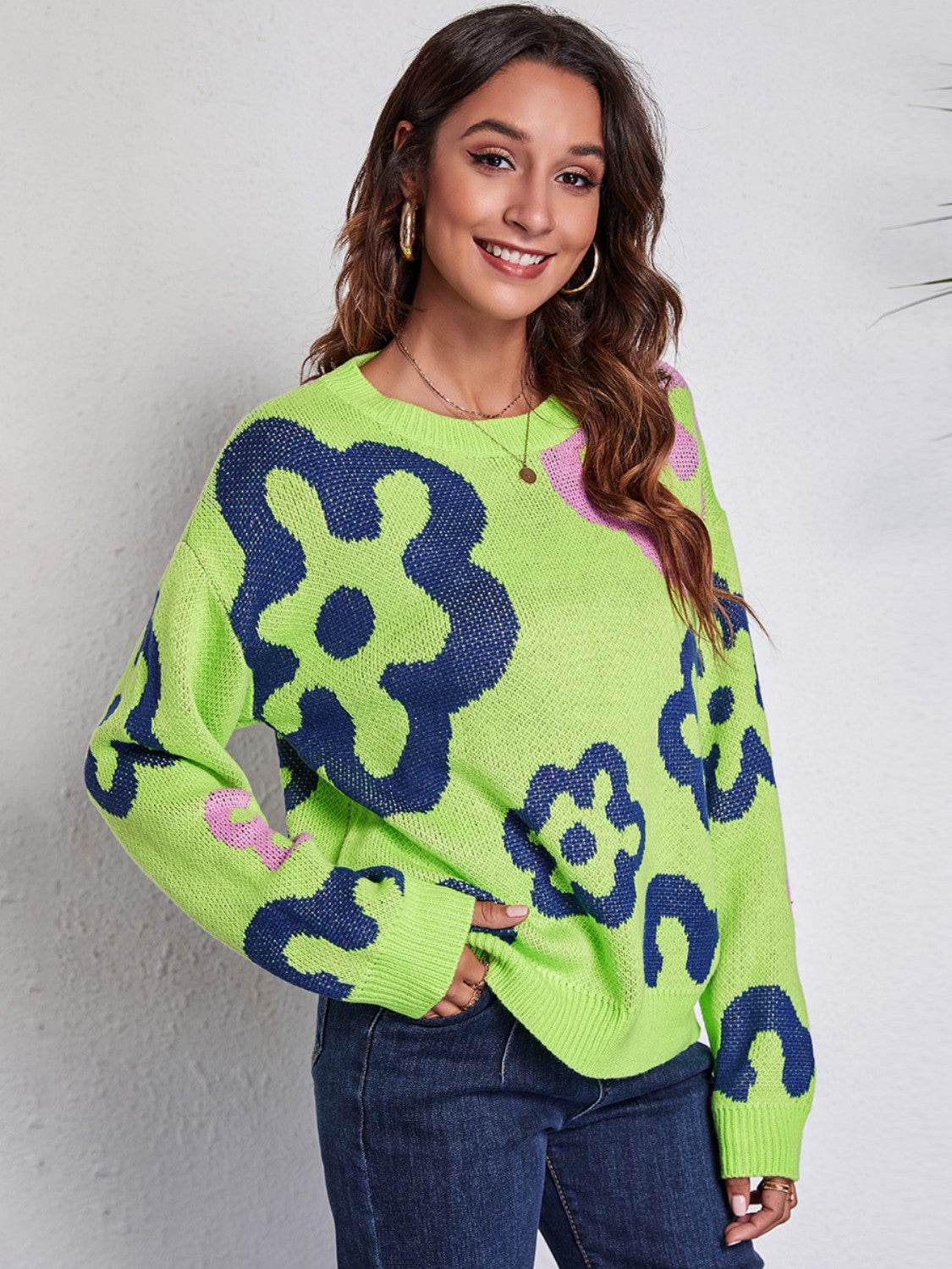 Flower Pattern Round Neck Long Sleeve Sweater - Delanoir