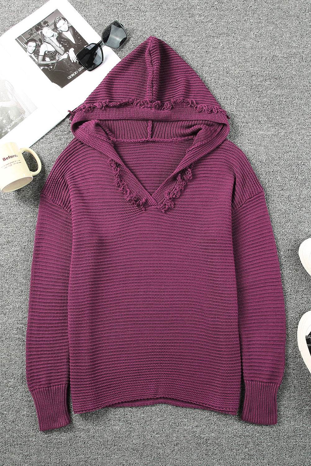 Woven Right Horizontal Ribbing Fringe Trim Hooded Sweater - Delanoir