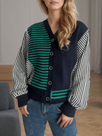 Striped Button Down Long Sleeve Cardigan - Delanoir