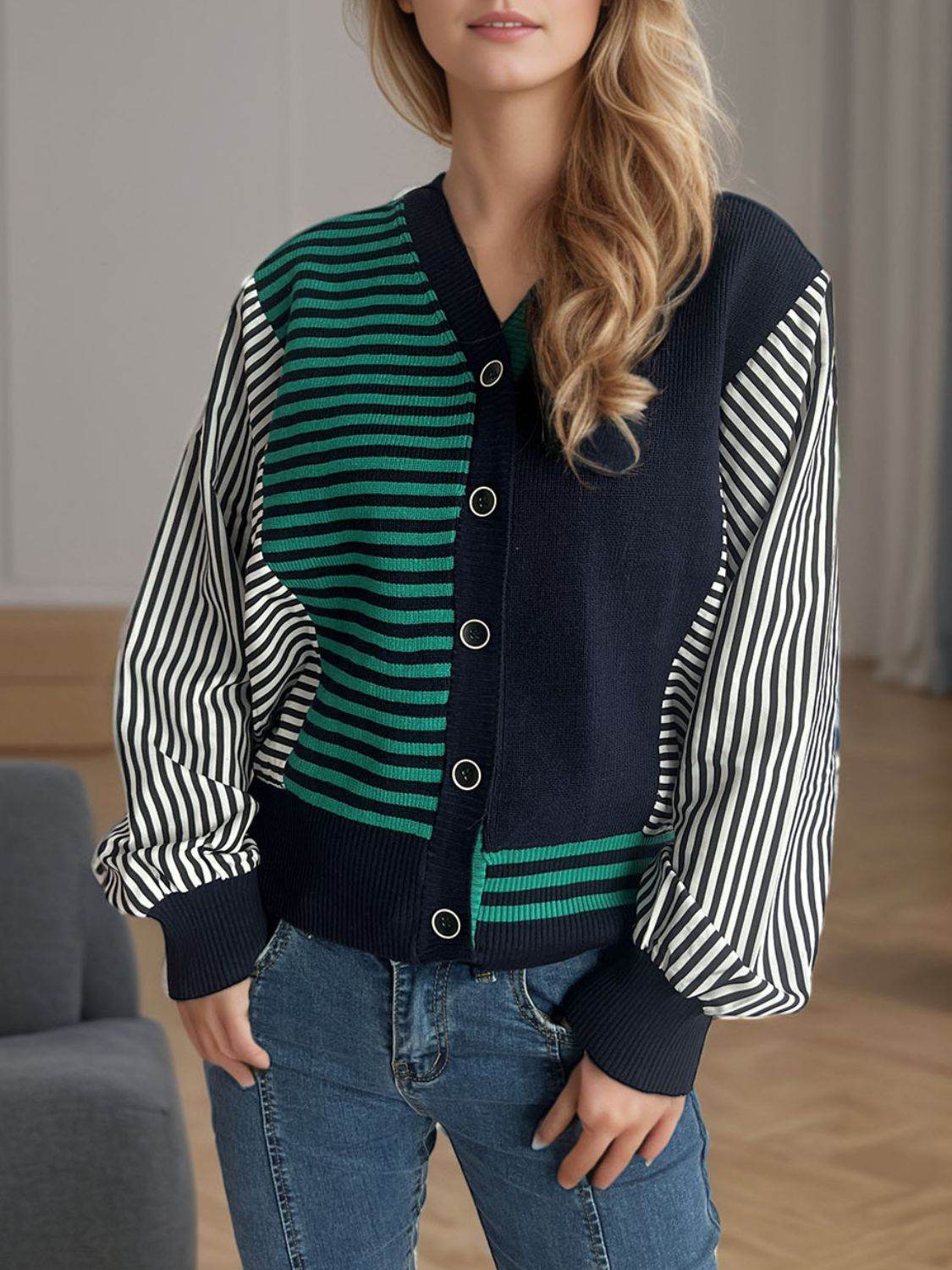 Striped Button Down Long Sleeve Cardigan - Delanoir