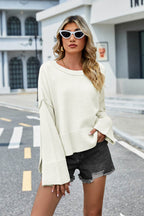 High-Low Slit Round Neck Long Sleeve Sweater - Delanoir