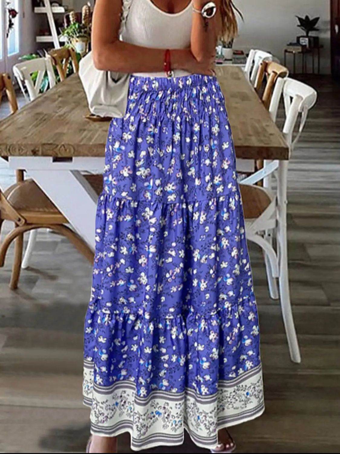Full Size Tiered Printed Elastic Waist Skirt - Delanoir