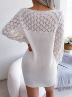 Openwork Boat Neck Sweater Dress - Delanoir