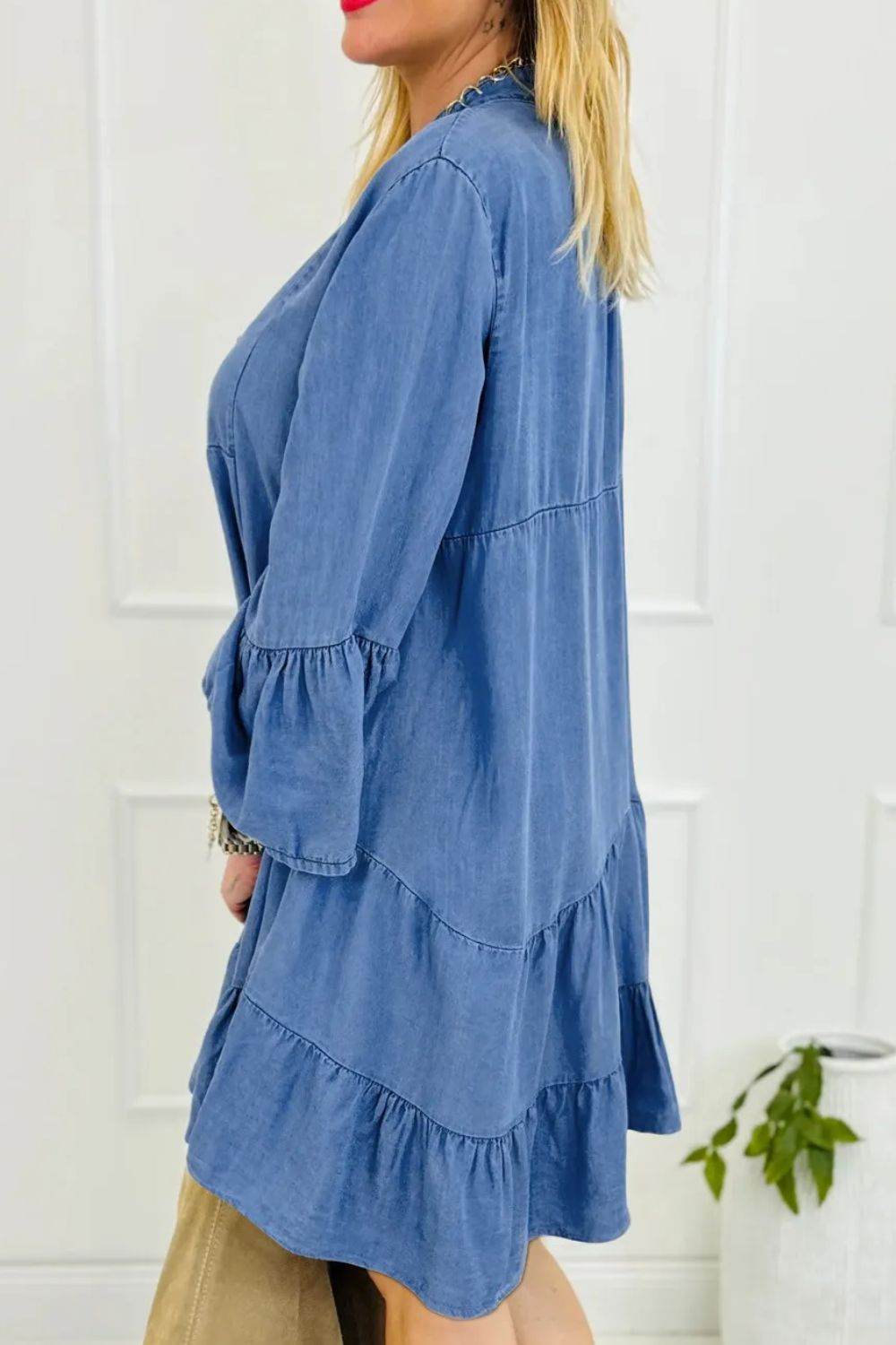 Notched Flare Sleeve Denim Dress - Delanoir