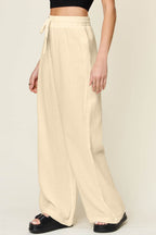 Double Take Full Size Texture Drawstring Wide Leg Pants - Delanoir