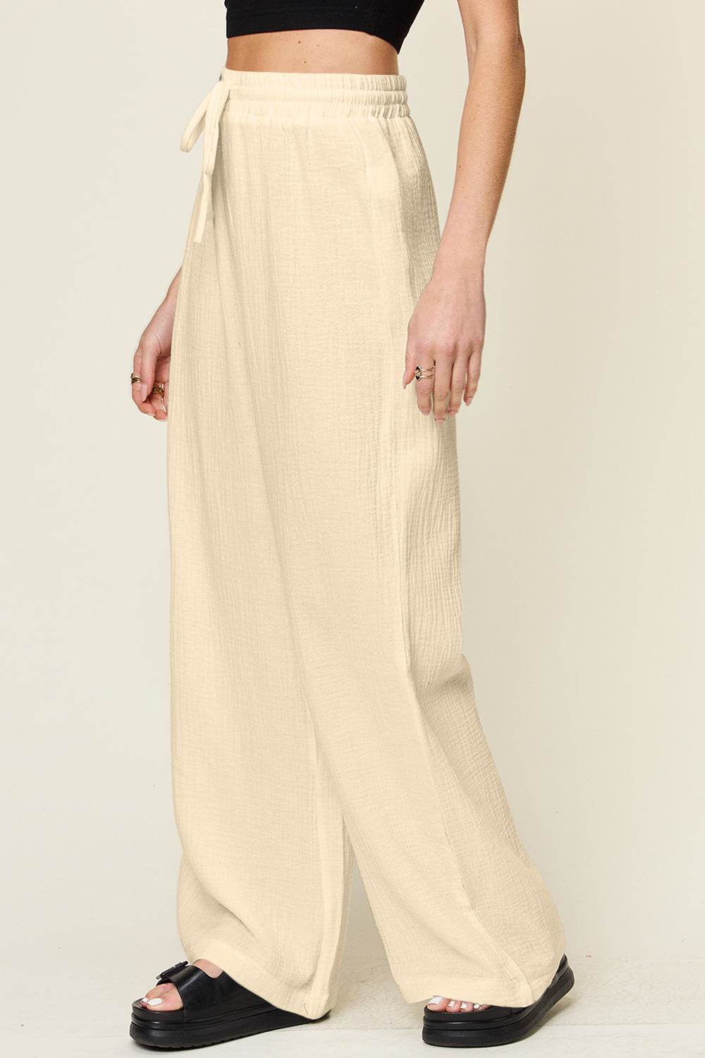 Double Take Full Size Texture Drawstring Wide Leg Pants - Delanoir