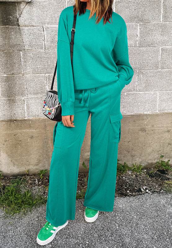 Full Size Round Neck Long Sleeve Top and Drawstring Pants Set - Delanoir