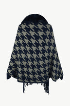 Houndstooth Fringe Hem Poncho - Delanoir