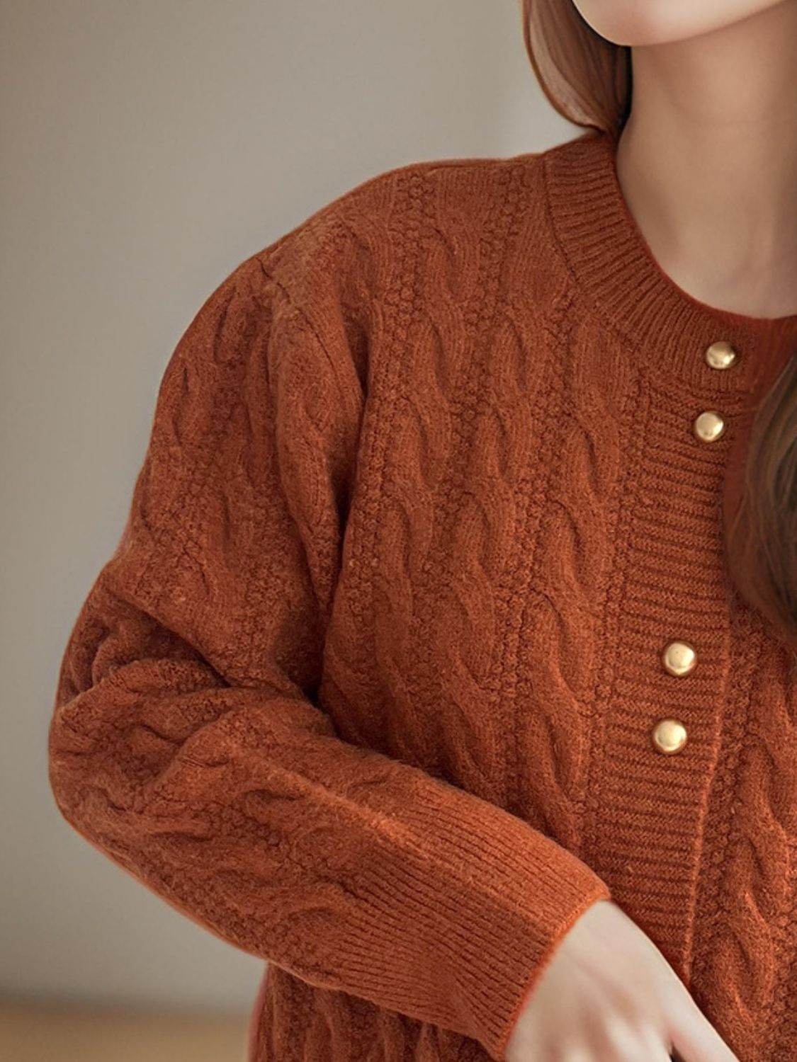 Cable-Knit Round Neck Long Sleeve Cardigan - Delanoir