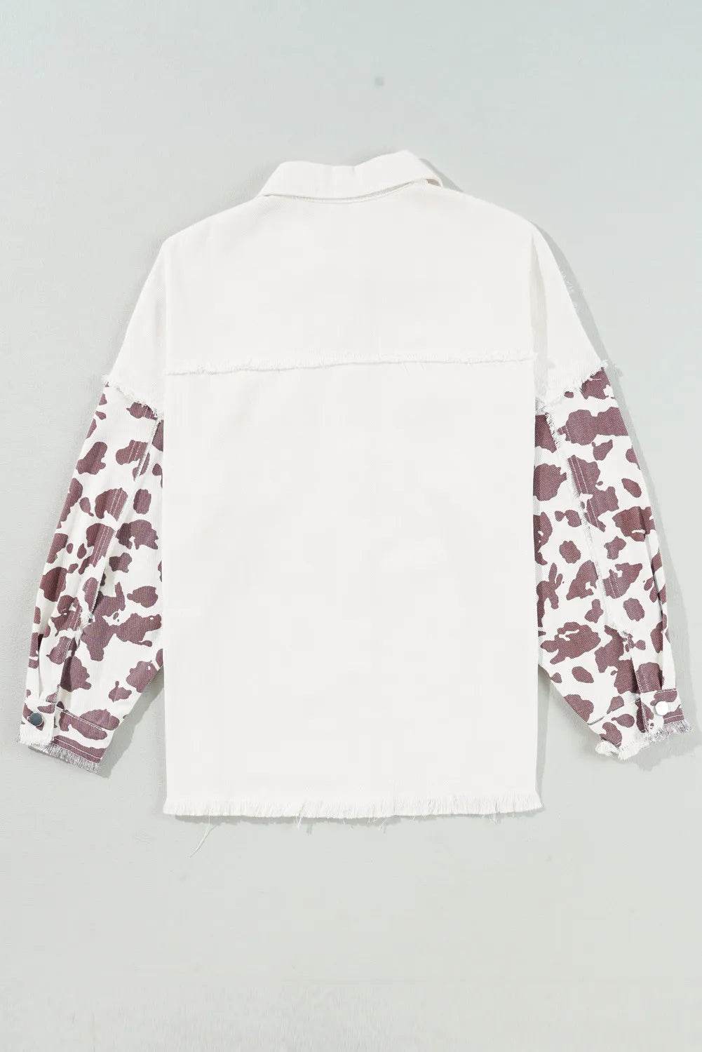 Raw Hem Animal Print Long Sleeve Denim Jacket - Delanoir