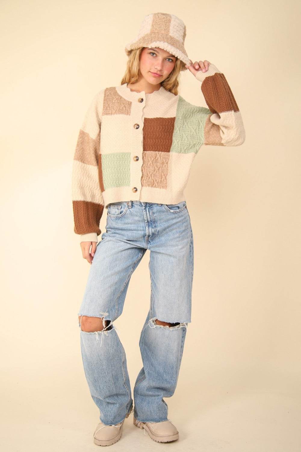 VERY J Color Block Button Down Textured Sweater Cardigan - Delanoir