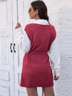 Tie Front V-Neck Sleeveless Slit Sweater Dress - Delanoir