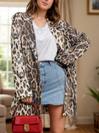 Leopard Lapel Collar Long Sleeve Longline Blazer - Delanoir