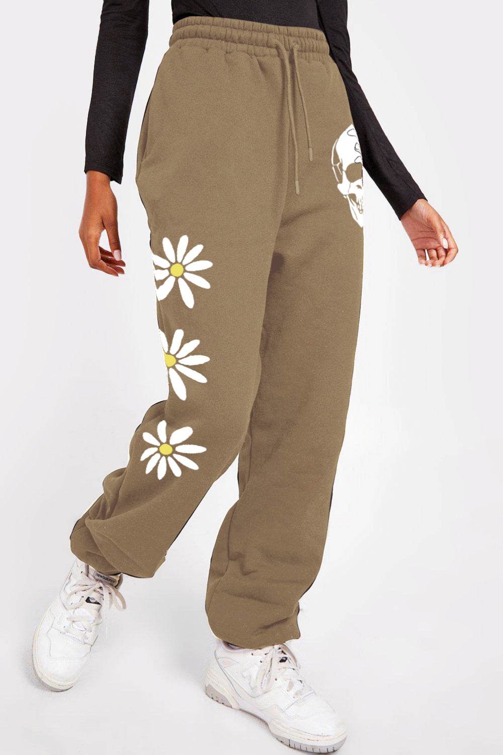 Simply Love Simply Love Full Size Drawstring Flower & Skull Graphic Long Sweatpants - Delanoir
