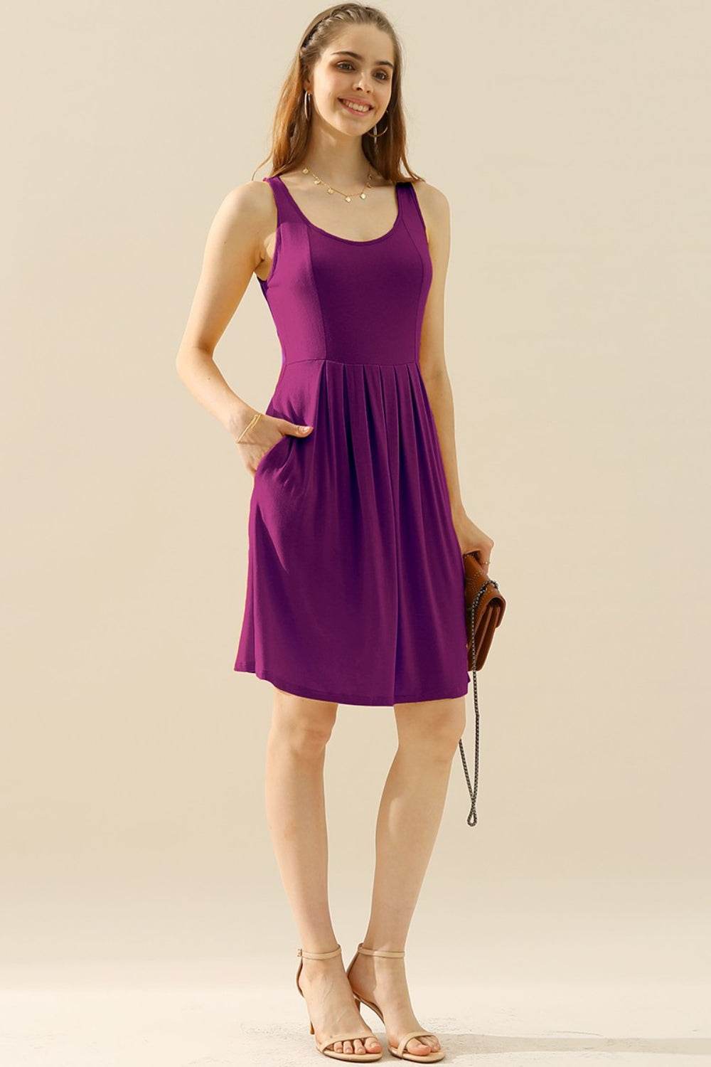 Doublju Full Size Round Neck Ruched Sleeveless Dress with Pockets - Delanoir