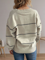 Striped Button Down V-Neck Long Sleeve Cardigan - Delanoir