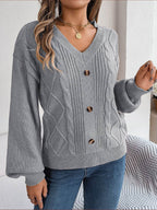 Cable-Knit Buttoned V-Neck Sweater - Delanoir