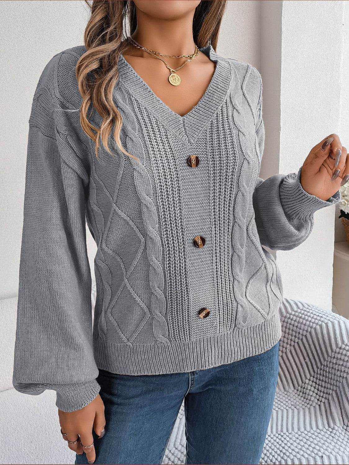 Cable-Knit Buttoned V-Neck Sweater - Delanoir