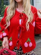 Tied Cherry Round Neck Long Sleeve Cardigan - Delanoir