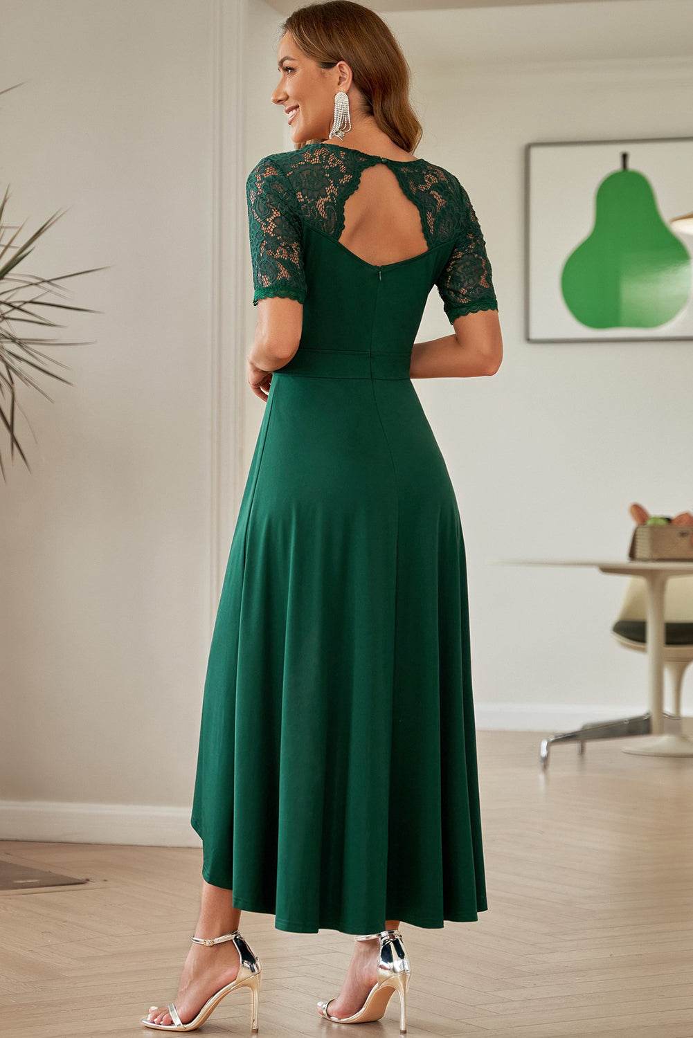 Lace Cutout V-Neck Short Sleeve Dress - Delanoir